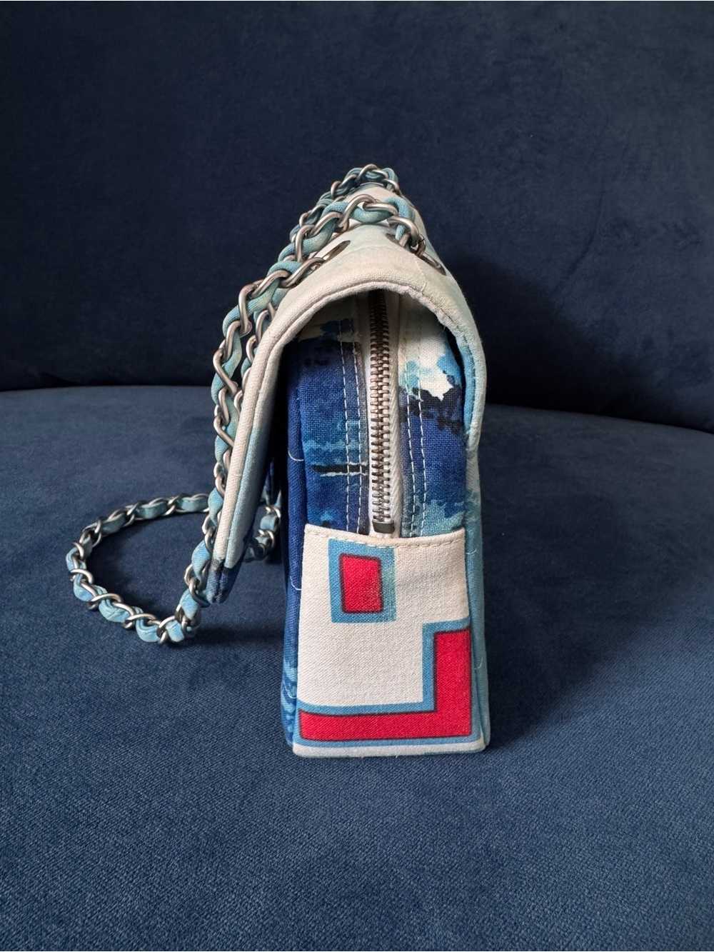 Rare Chanel 2002 Surf Line Choco Bar flap Blue Canvas Silver Hardware - Picture 6 of 17